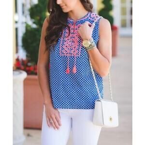 J Crew Woman Blue Coral Embroidery V Neck Tie Tassel Tank Size 2 Petite